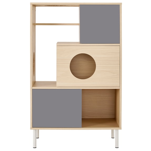 ZephyPaws 44.5" Stylish 2-in-1 Modern Cat Tree Bookshelf with Hidden Litter Box Enclosure, Multi-Level Wooden Climbing Structure with Ample Storage Space for Cats and Home Organization