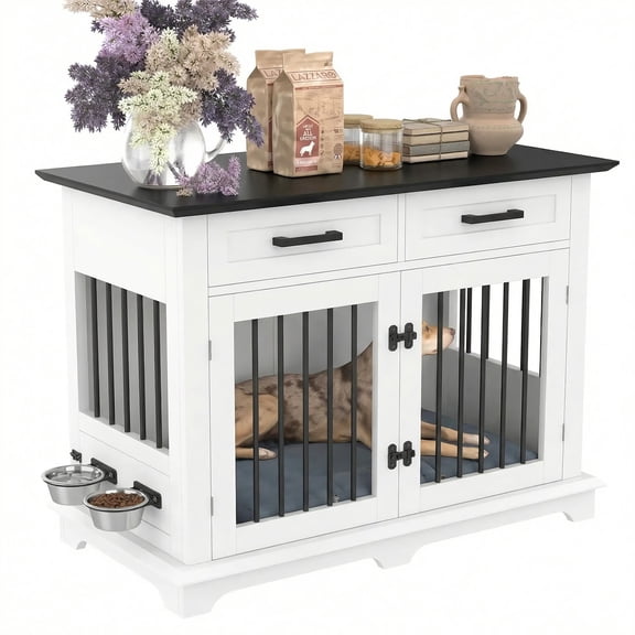 ZephyPaws 45" Large Dog Crate Furniture,Indoor Wooden Dog Kennel End Table with 2 Storage Drawers and 360 Rotating Bowls,Decorative Pet Cage Dog House for Medium to Large Dogs,White Black