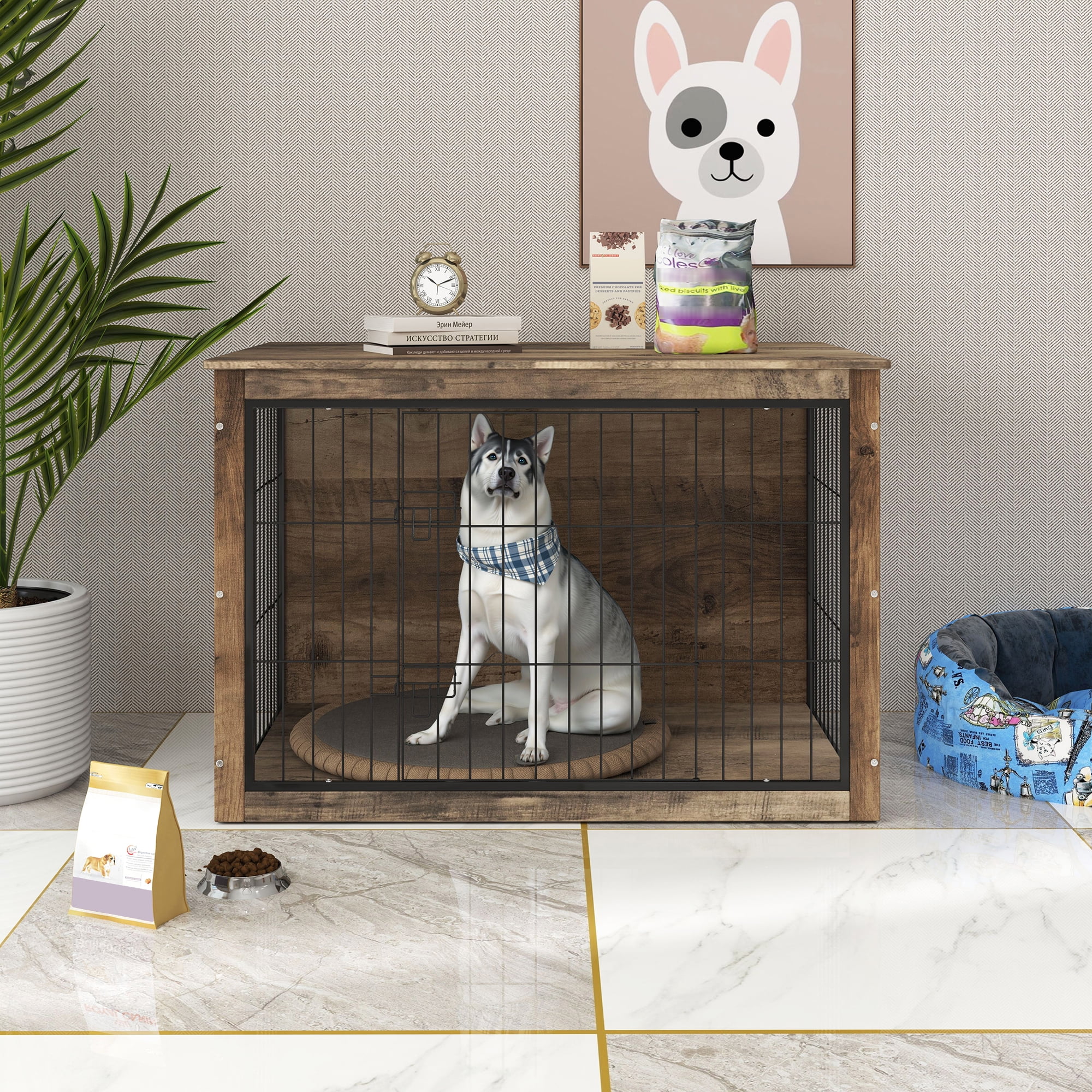 ZephyPaws 45in Dog Crate Furniture with Cushion,XL Wooden Dog Crate with Double Doors,Large Dog Crate Furniture,Dog Kennel Indoor,Extra Large,Black+Rustic Brown
