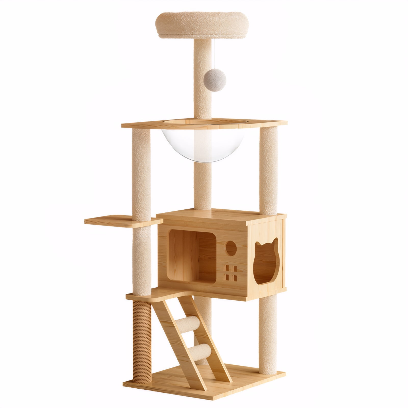 ZephyPaws 48.4" Modern Wood Cat Tree Tower for Indoor Cats, Multi-Level Cat Condo with Acrylic Hammock, Sisal Scratching Posts and Top Perch, Cat Furniture for Small and Large Cats, Natural White
