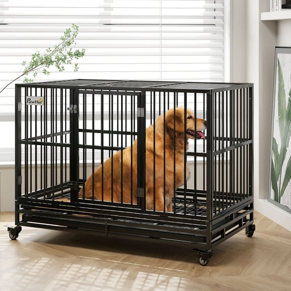 ZephyPaws 49 Inch Heavy Duty Dog Crate Kennel with Wheels,Indestructible Dog Crates for Large Dogs,Extra Large Dog Crate with Removable Dog Cage Tray,Two Locks (Black, Square)