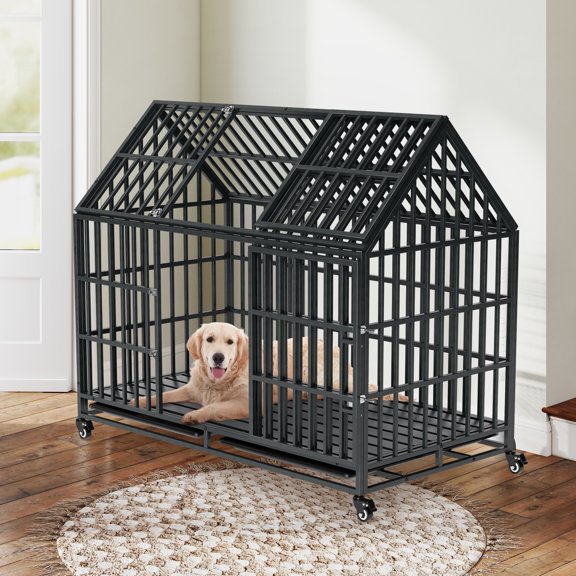 ZephyPaws 52" Heavy Duty Dog Crate for German Shepherd & Large BreedsLockable Wheels,Chew-Proof Steel Kennel with Removable Roof,Divider & Leak-Proof Tray