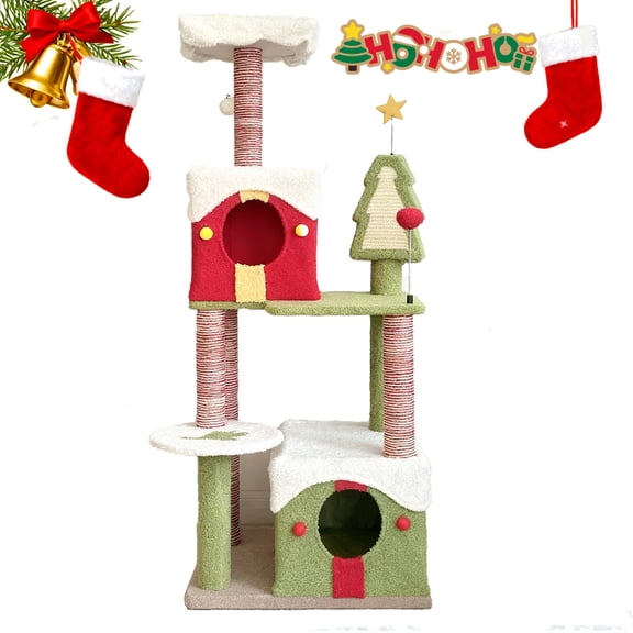 ZephyPaws 54" Christmas Themed Multi-Level Cat Tree Tower with 2 Cozy Cat Condos, Sisal Scratching Posts, Fun Toys & Stable Base, Indoor Climbing Activity Center for Cats