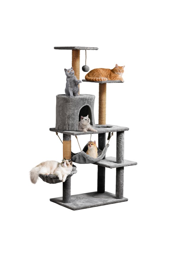 54in Cat Tree for Large Cat,Multi-level Cat Tower with Scratching Post,Perch for Kitten,Light Gray