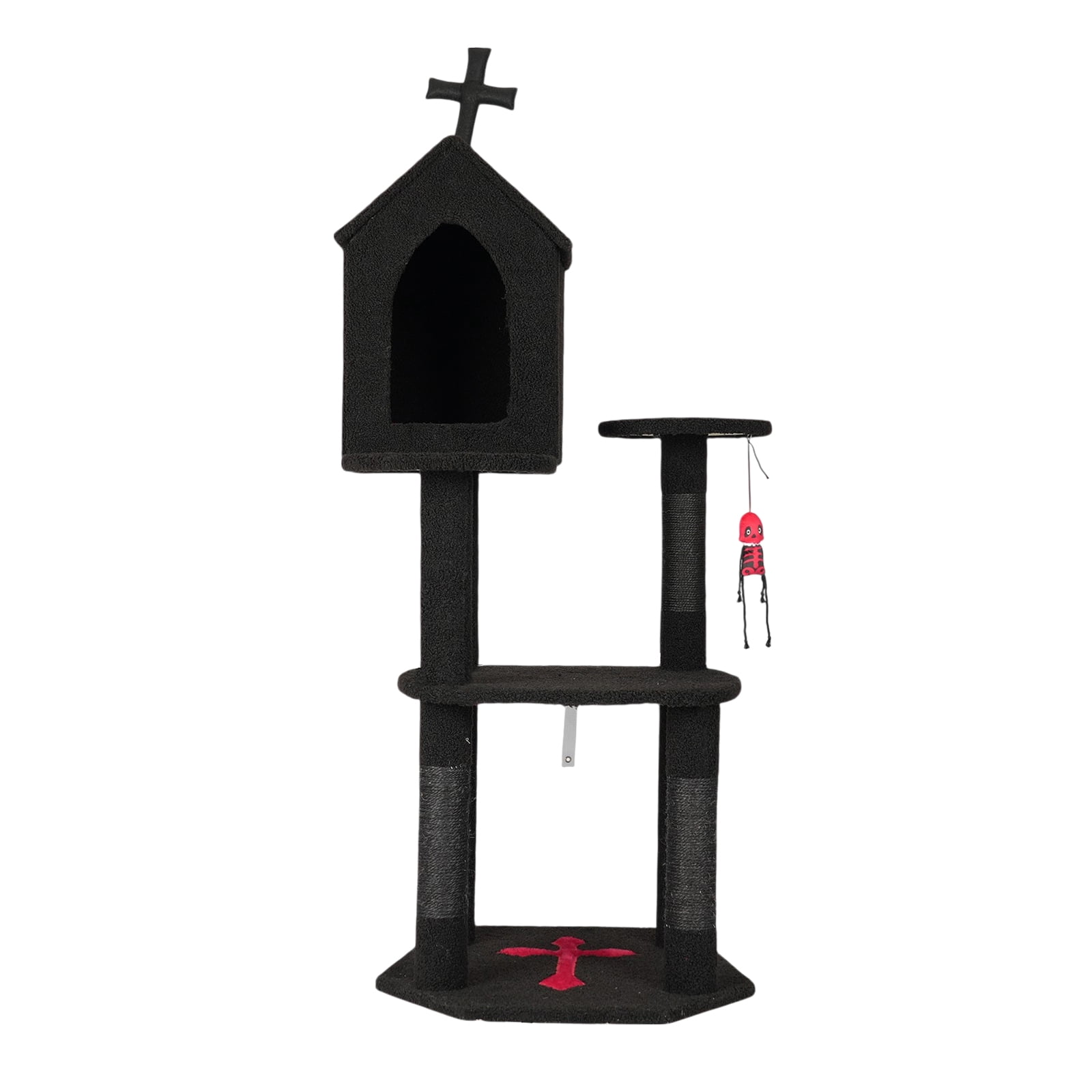 ZephyPaws 57" Gothic Cat Tower for Indoor Cats, Multi-Level Cat Tree with Large Condo, Scratching Posts, Cross Top Design, Hanging Toy & Plush Surfaces, Black and Red