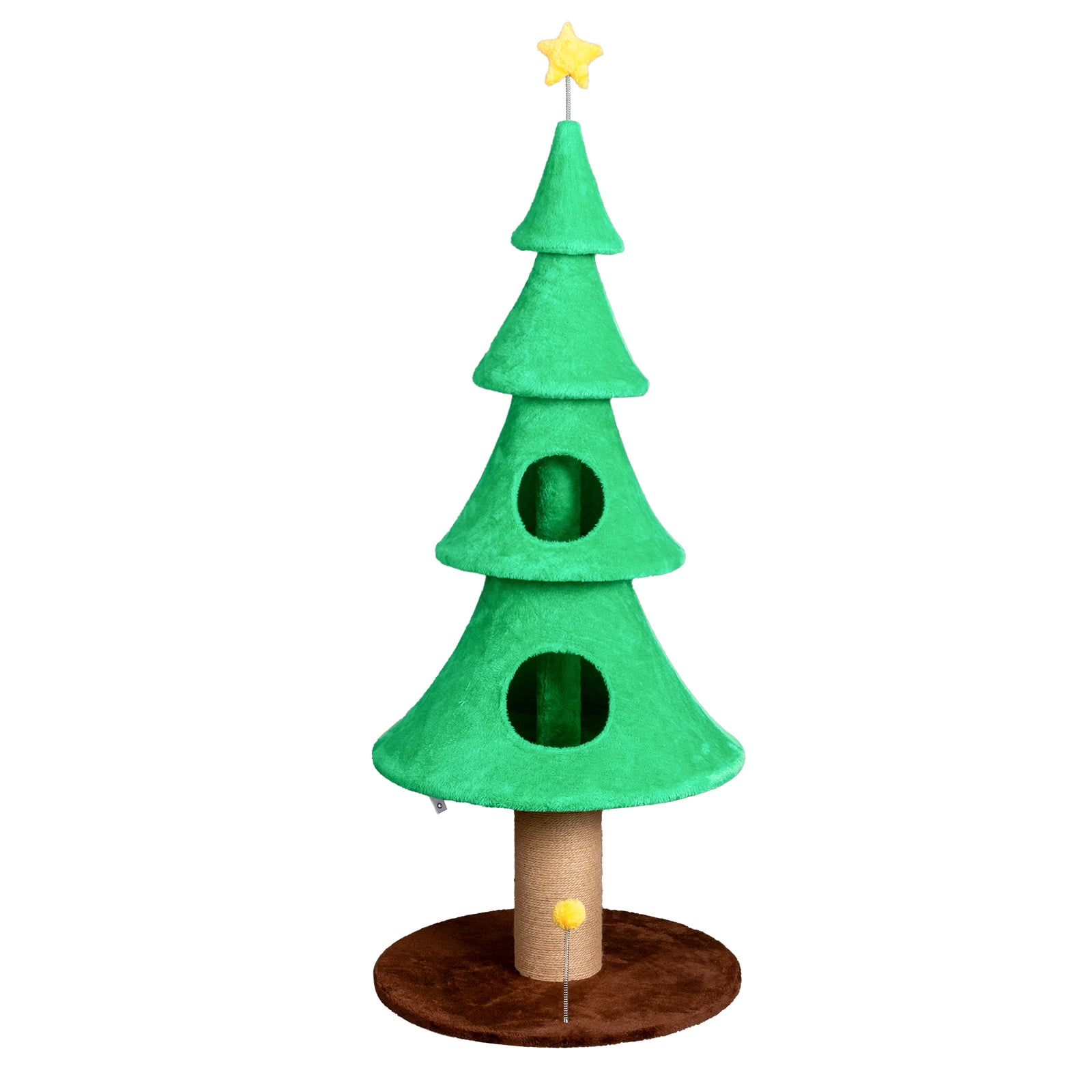 ZephyPaws 59" Tall Christmas Tree Cat Tower, 4-Tier Cat Condo with 2 Hideouts, Natural Sisal Scratching Post, Plush Fleece Cover, Teaser Ball Toy & Wide Base for Indoor Cats, Green