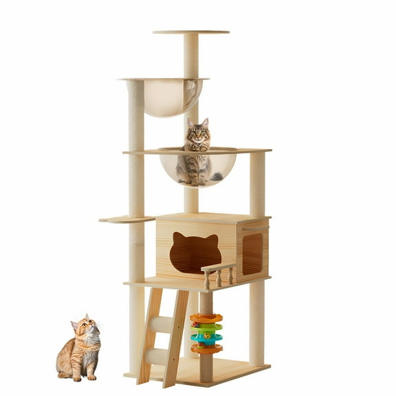 ZephyPaws 59" Wooden Cat Tree Tower for Indoor Cats,Luxury Modern Wooden Tower with XL Space Capsule,Perch & Scratching Posts for Maine Coon 20 lbs