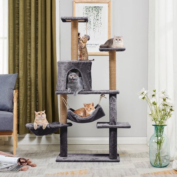 ZephyPaws  Large Multi-Level Cat Tree Condo Furniture with Sisal-Covered Scratching Posts, Big Plush Condos, Perch Hammock for Kittens 52 in, Gray
