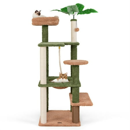 ZephyPaws 60" Tree-Inspired Multilevel Cat Tree for Indoor Cats, Cat Apartment with Plush Perch, Self Groomer Brush, Sisal Scratching Posts, Faux Plant and Wide Base, Green & Brown