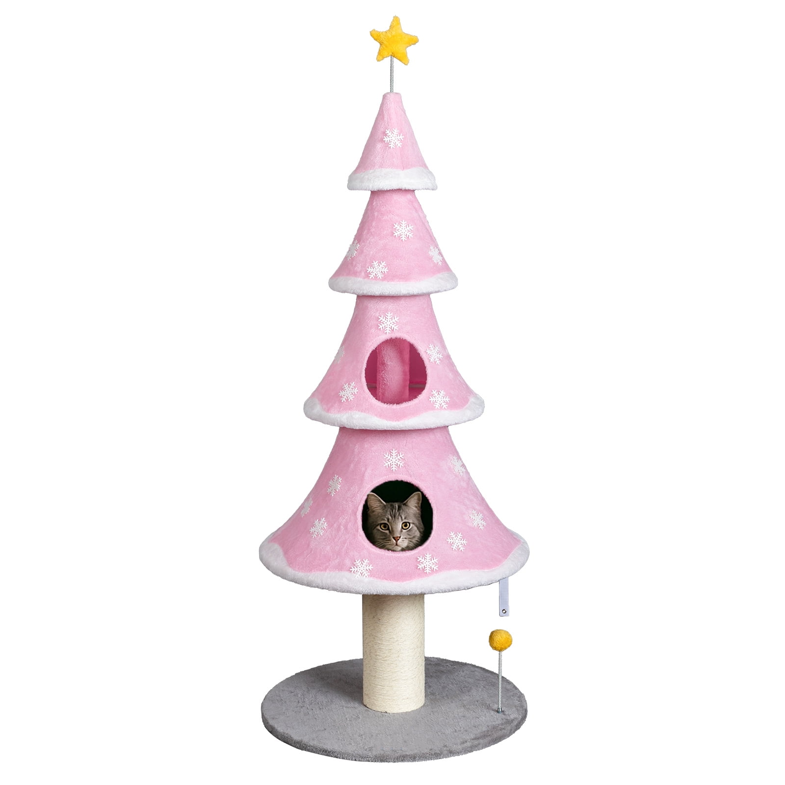 ZephyPaws 60 inch Christmas Cat Tree,Cute Cat Tower with 2 Condos,Sisal Scratching Posts,Spring Toy,Holiday Cat Tree Tower for Indoor Cats,Pink