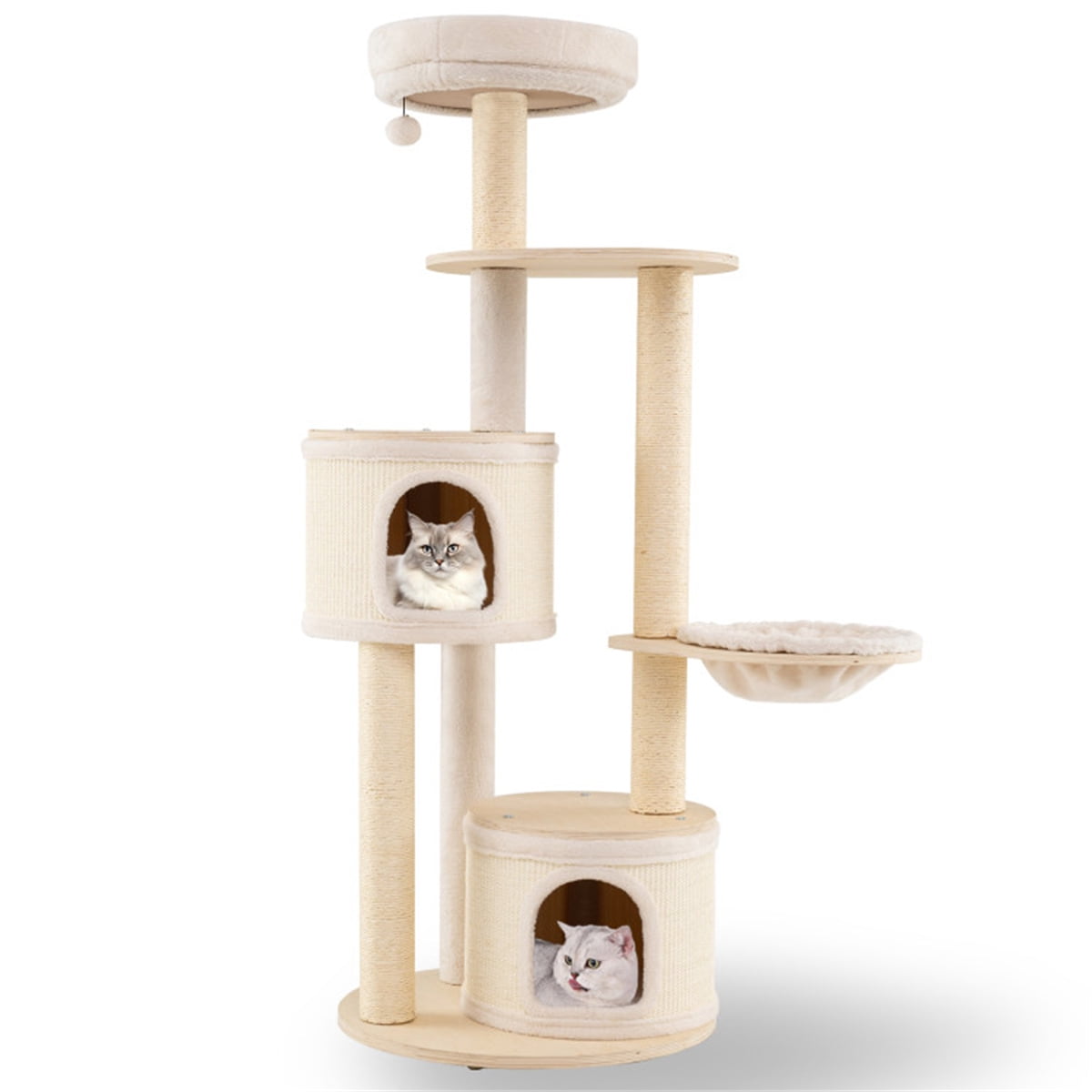 ZephyPaws 60in Tall Cat Tree for Indoor Cats,Wooden Cat Tree Tower with 2 Condo, Sisal Scratching Posts and Board,Top Perch and Basket,Beige
