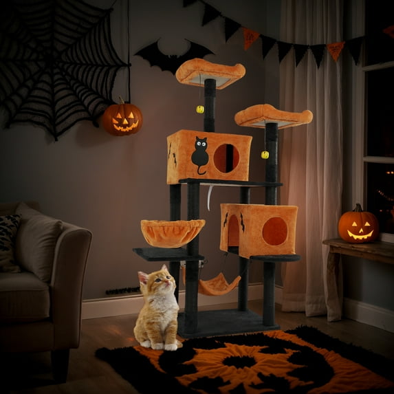 ZephyPaws 62" Halloween Cat Tree for Large Cats, Black Orange Cat Tower with 2 Condos, 2 Hammocks & Scratching Posts, Multi-Level Cat Furniture with Anti-Tip Kit, Halloween Themed Pet Activity Center