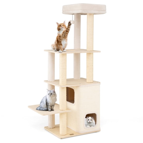 ZephyPaws 63in Wooden Cat Tree,Multi-Level Cat Tower with Scratching Posts,Cat Condo,Dangling Ball,Washable Cushions and Sisal Rope,Modern Cat Tree Tower for Indoor Cats,Natural