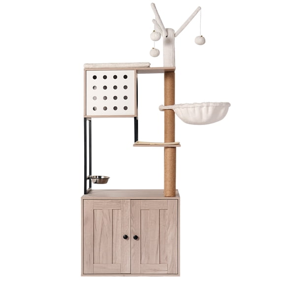 ZephyPaws 65" Modern Cat Tree with Litter Box Enclosure, Condo Tower with Scratching Posts, Feeding Bowl & Removable Pompom Toys, White & Gray