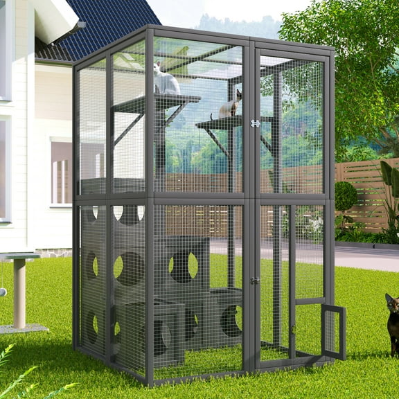 ZephyPaws 70" Catio Outdoor Cat Enclosure,Large Cat House Kitty Cage for Indoor Cats with Multi-Level Condo,Waterproof Roof,Grey