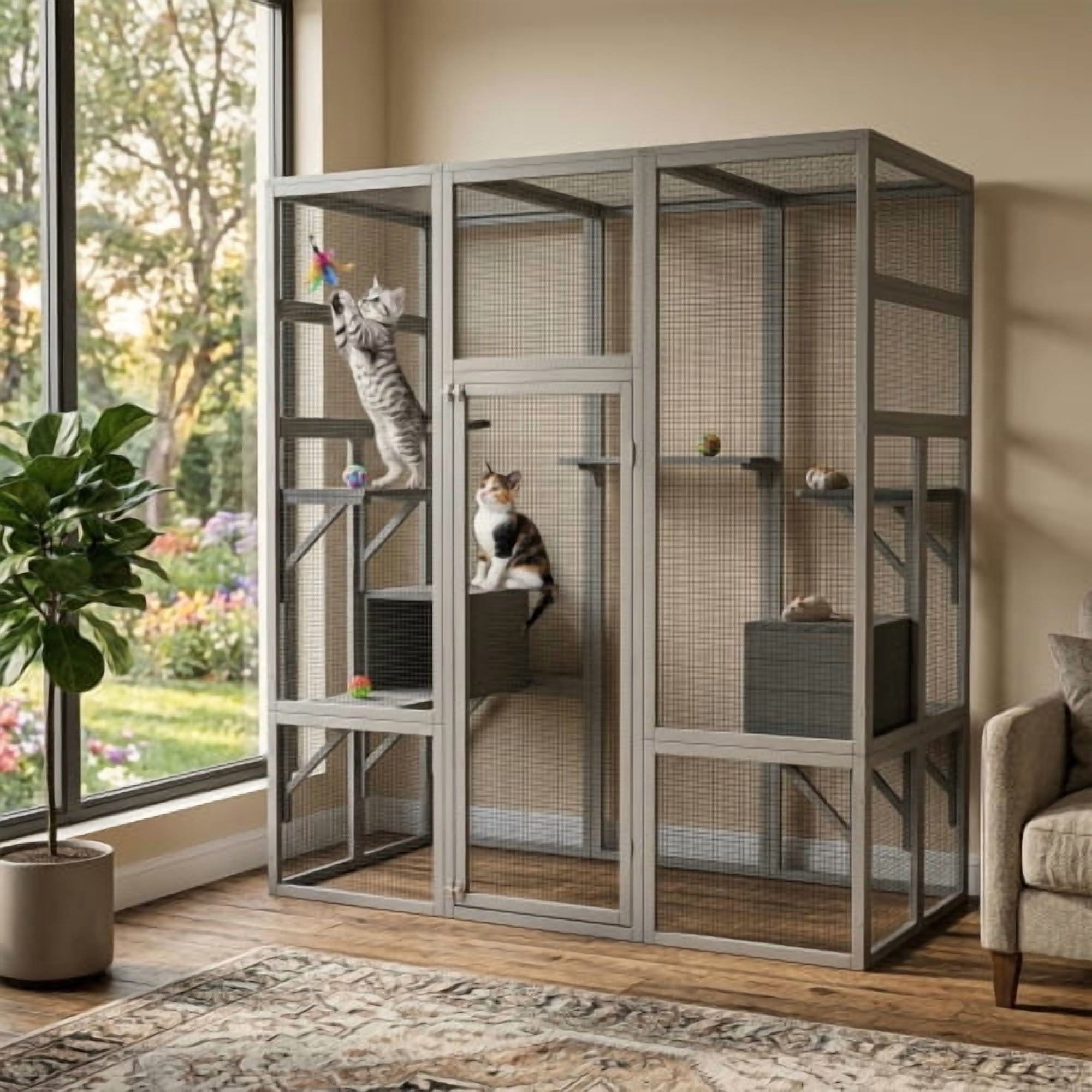 ZephyPaws 70in Outdoor Cat Catio Enclosures Large Wooden Cat House Patio for Indoor Cats Feral Cat Shelter with Espace Doors,2 Resting Rooms,5 Platforms,Gray