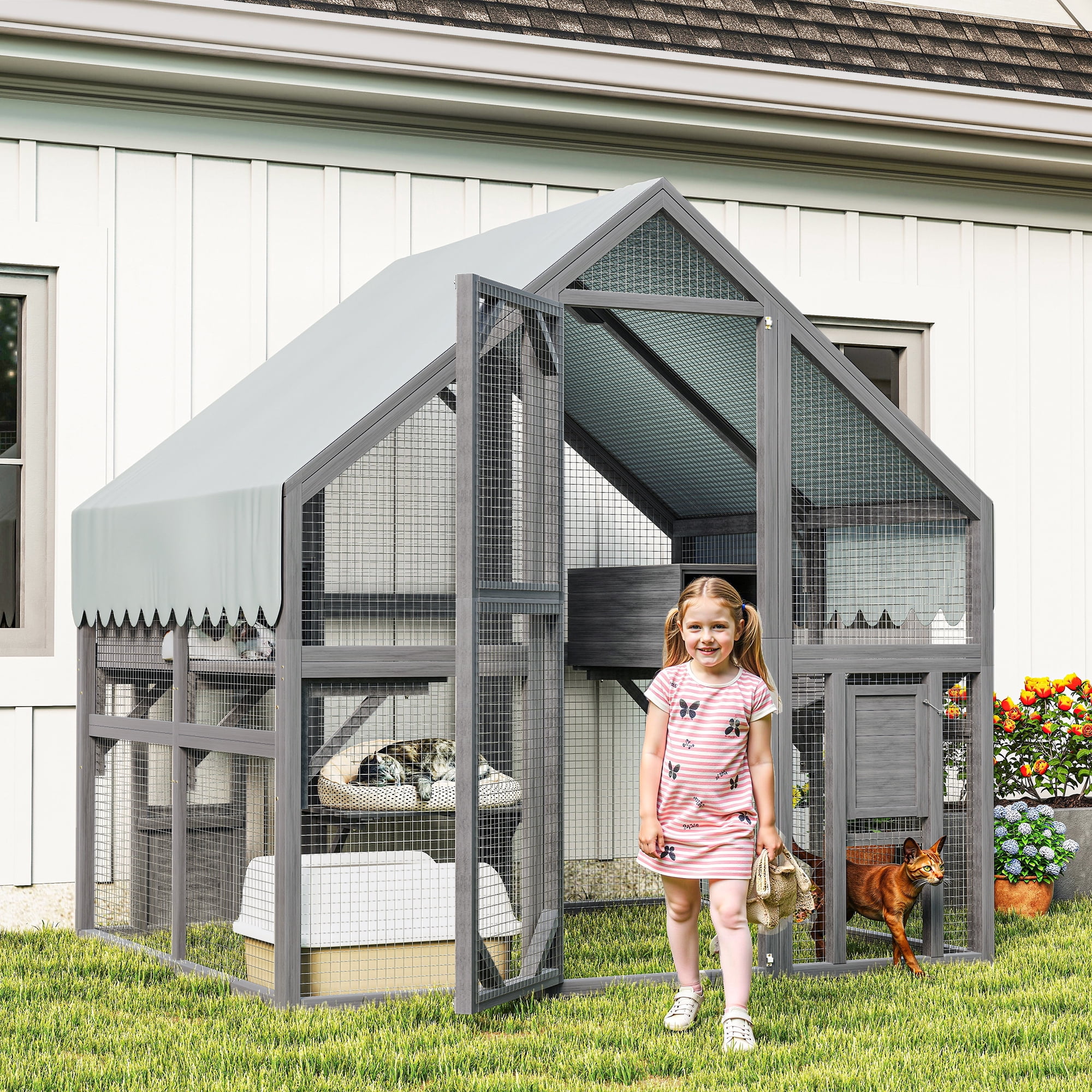 ZephyPaws 74in Cat House Outdoor Catio Kitty Enclosure with Super Large Enter Door,Wooden Cat Cage Condo Indoor Playpen with 2 Platforms, 2 Resting Box and 1 Bridges,Gray