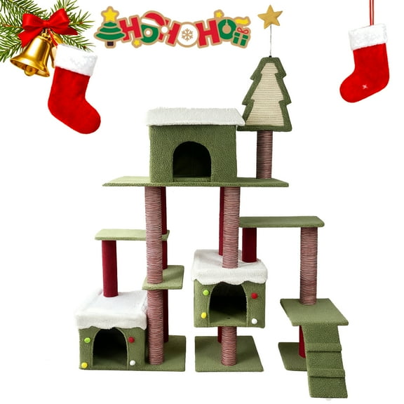 ZephyPaws 75 Inch Wide Christmas Cat Tree Tower for Indoor Cats, Large Multi-Level Cat Condo with Sisal Scratching Posts, Festive Holiday Cat Furniture with Cozy Hideaways, Xmas Pet Playground