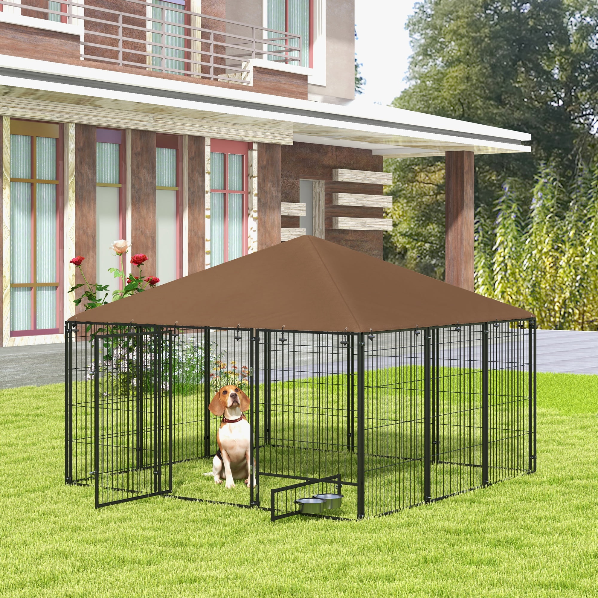 Picture of ZephyPaws 7X7FT Dog Kennel Outside with Feeding,Heavy Duty Outdoor Dog ...