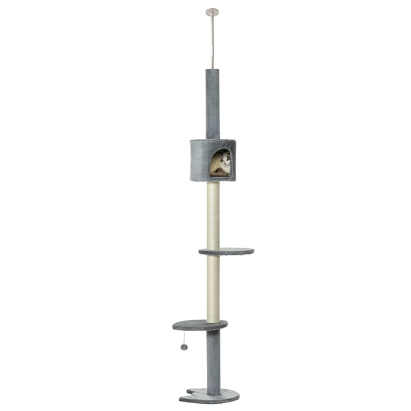 ZephyPaws 90-105"Height Adjustable Cat Tree,Floor-to-Ceiling 4-Tier Cat Scratching Post with Perch Cando for Medium Cat,Grey