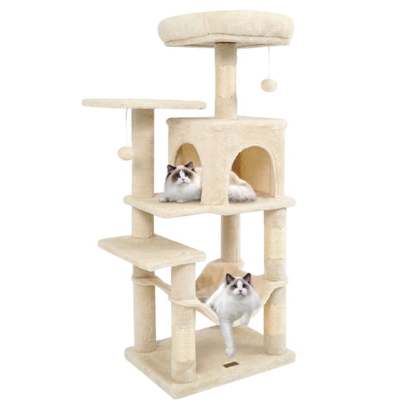 ZephyPaws Cat Tree with Scratching Post for Indoor Cats, 44" Tall Plush Multi-Level Cat Climbing Tower Condo House with Large Hammock, Spacious Cat Cave & Big Padded Top Perch Bed, Beige