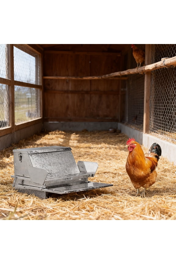 Chicken Feeder Galvanized 25 Lbs Capacity Weatherproof Treadle Chicken Feeder Rodent Proof,Silver