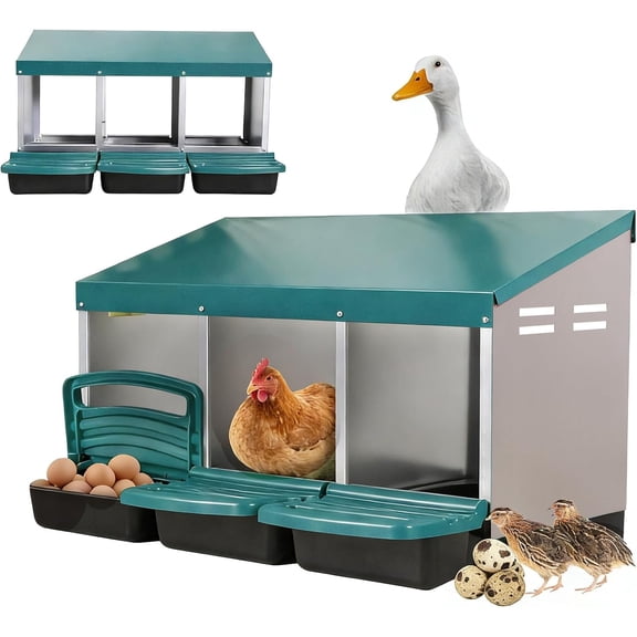 ZephyPaws Chicken Nesting Boxes 3 Compartments,Egg Collection with Removable Drawer,Metal Laying Nest Box for Hens for Chicken Coop,Green