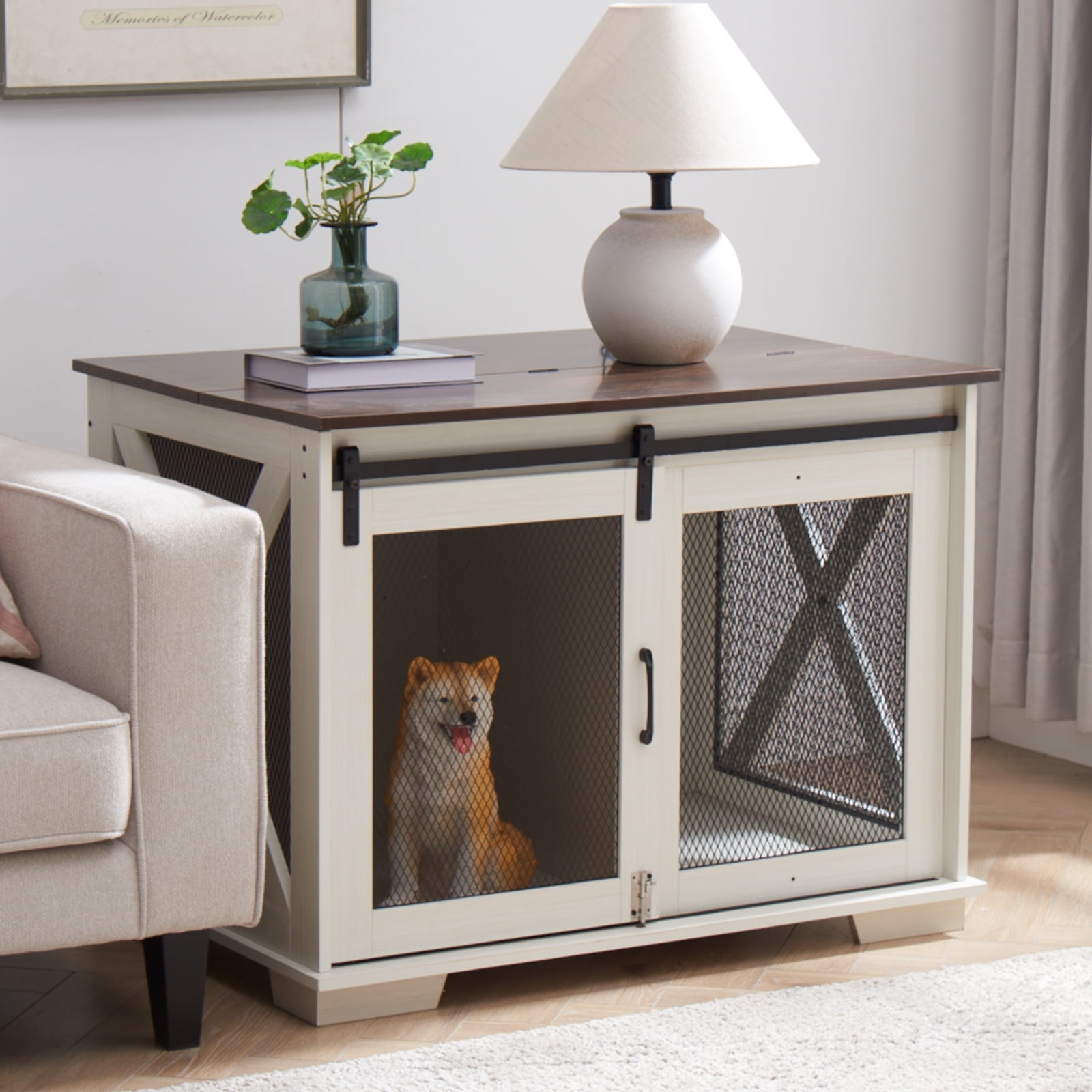 ZephyPaws Dog Cage Crate Furniture with Sliding Barn Door,Wooden Dog Kennel End Table with Flip-top Plate and Detachable Divider for Small/Medium/Large Dogs,White