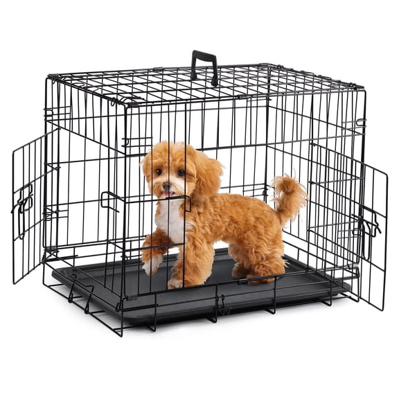 ZephyPaws Dog Crate Pet Cage Kennel Metal Wire Double-Door Folding Pet Animal Pet Cage with Plastic Tray and Handle for Small Dogs Travel Training, 24 inches