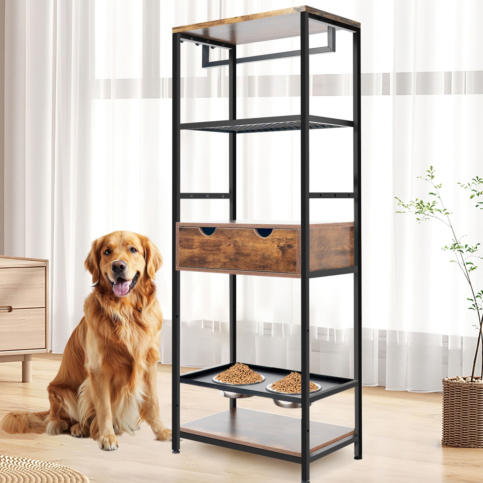 ZephyPaws Dog Feeding Station with 3 Height Adjustable Raised Dog Bowls,Dog Feeder Station for Large Medium Dogs Cats,Dog Storage with Shelves,Brown