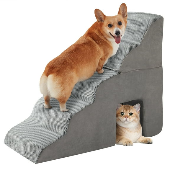 ZephyPaws Dog Stairs Ramp for High Beds 29" H,5 Steps Pet Stairs for Couch,35D Foam Dog Steps for Small to Large Dogs with Non-Slip Bottom Grey