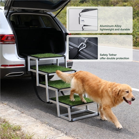 ZephyPaws Dog Stairs for Large Dogs,5 Step Foldable Dog Ramp for Car Non-Slip Surface Support up to 250lbs,Suitable for SUV,Truck,Sofas,Bed,Green