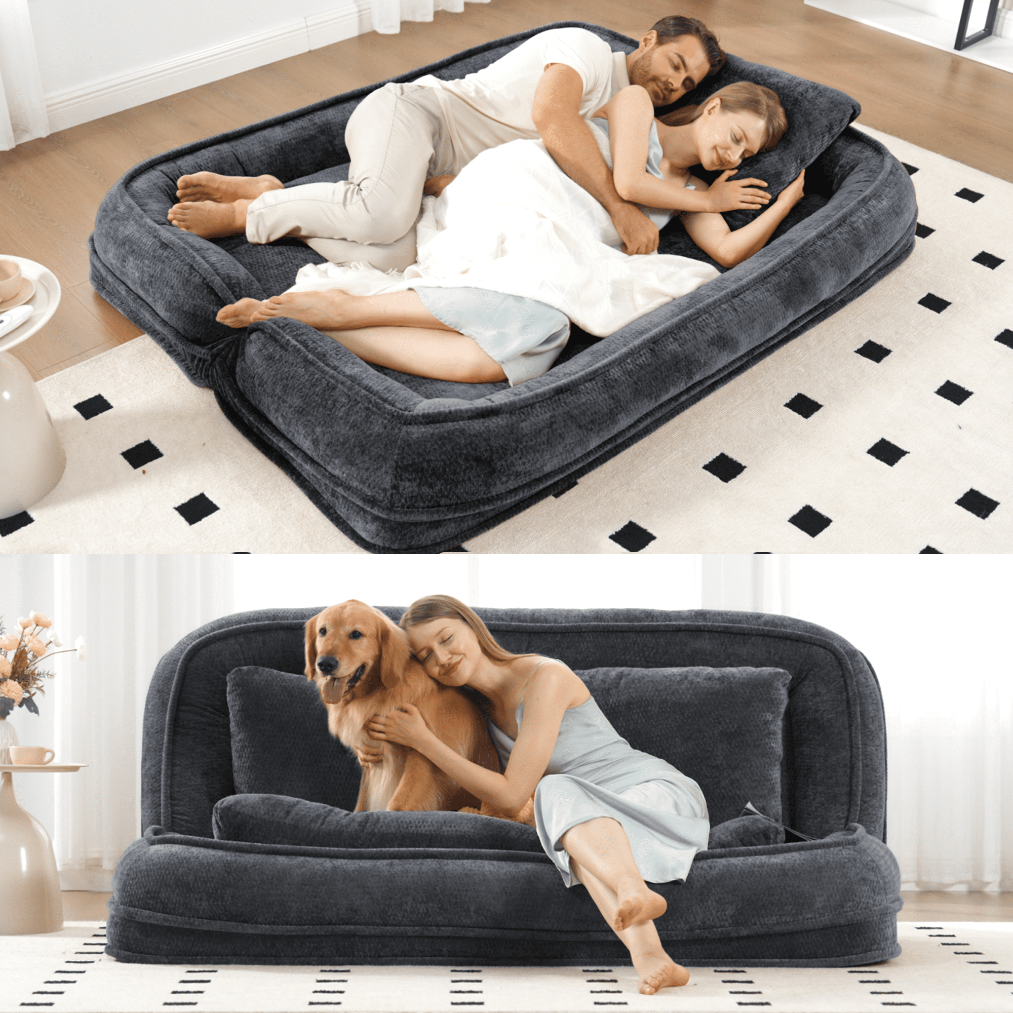 ZephyPaws Double Human Dog Bed,Extra Large Floor Couch with 5 Adjustable Position,Foldable Lazy Sofa Bed with Plump Pillow,2-in-1 Loveseat Couch Fits You & Pets, Plush Chenille,Gray