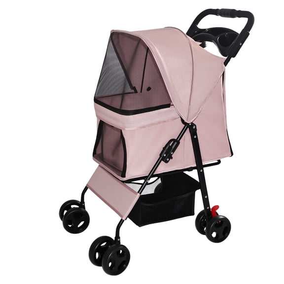 ZephyPaws Foldable Pet Stroller for Small Dogs and Cats Under 28 lbs,with Multi-Functional Tray,2 Safety Leashes,Storage Basket & Breathable Mesh,4 Wheels Pet Stroller,Pink,One-Click Fold