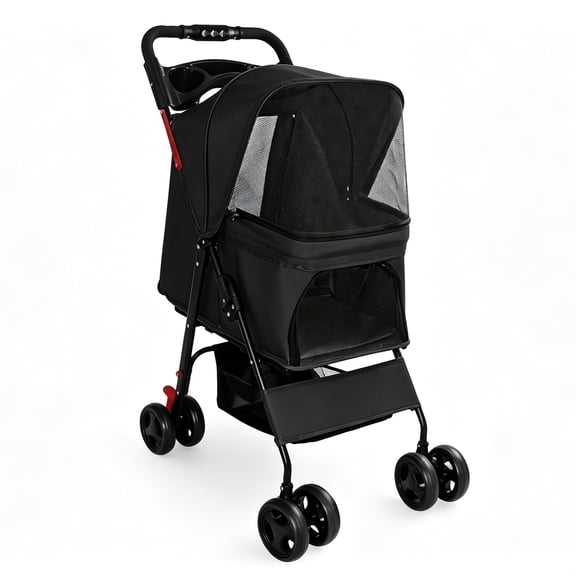 ZephyPaws Foldable Pet Stroller for Small Dogs and Cats Under 28 lbs.with Multi-Functional Tray,2 Safety Leashes,Storage Basket & Breathable Mesh,4 Wheels Pet Stroller,Black,One-Click Fold