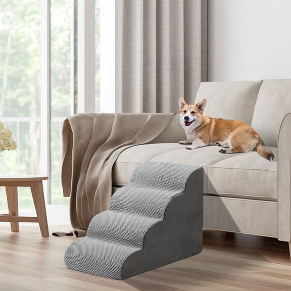 ZephyPaws Gray Curved Dog Stairs Ramp for High Beds Or Couches 20" H, 4-Step Dog Steps for Small Puppy and Cats, Pet Stairs for High Bed Climbing, Non-Slip Balanced Pet Step