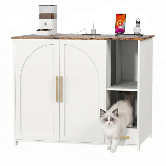 ZephyPaws Hidden Cat Litter Box Enclosure Furniture with Power Strip,Extra Large Interior Compatible with Litter-Robot 3/4 & Self-Cleaning Litter Boxes,Pull-Out Litter Collector,White