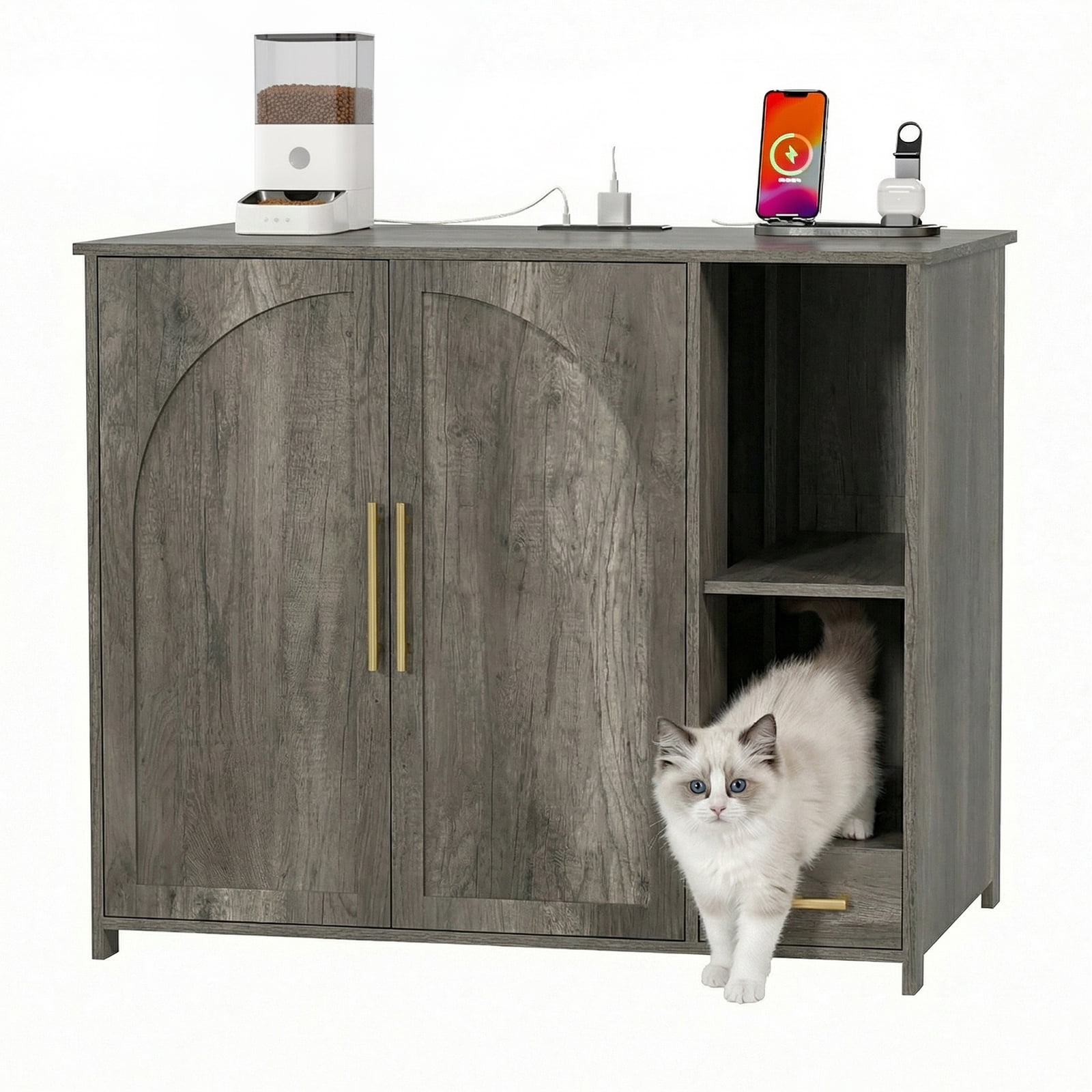 ZephyPaws Hidden Cat Litter Box Enclosure Furniture with Power Strip,Extra Large Interior Compatible with Litter-Robot 3/4 & Self-Cleaning Litter Boxes,Pull-Out Litter Collector,Grey