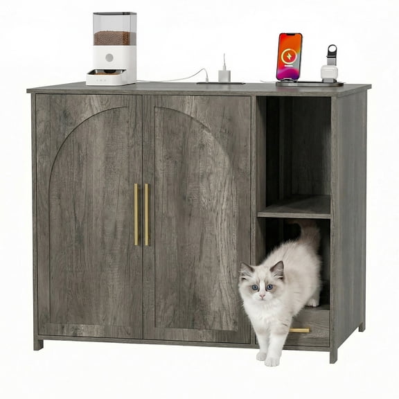 ZephyPaws Hidden Cat Litter Box Enclosure Furniture with Power Strip,Extra Large Interior Compatible with Litter-Robot 3/4 & Self-Cleaning Litter Boxes,Pull-Out Litter Collector,Grey