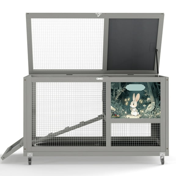 ZephyPaws Indoor Rabbit Hutch,Pet House for Rabbits and Guinea Pigs,Bunny Cage on Wheels,Pull Out Tray,Gray