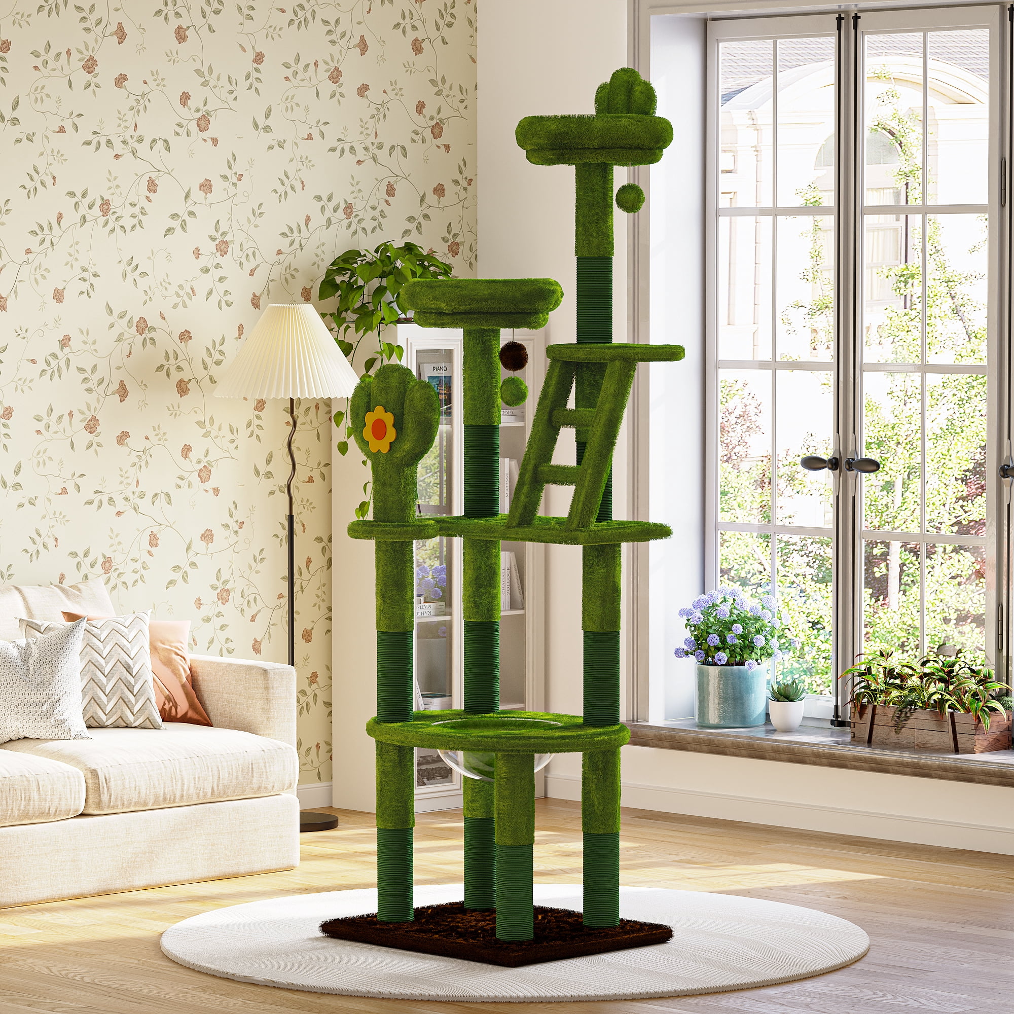 ZephyPaws Large Cactus Cat Tree,72 in Wood Cat Tower for Indoor Cats, Multi-Level Tall Cat Condo with 2 Padded Perches,Hammock,Scratching Posts,Dangling Toys,Green