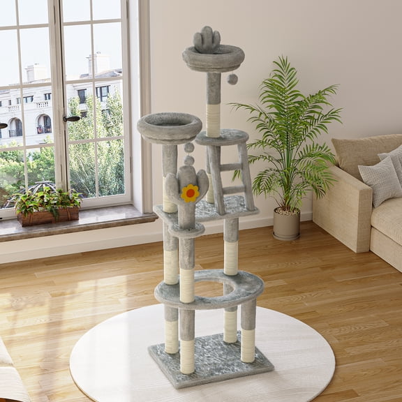 ZephyPaws Large Cactus Cat Tree,72in Wood Cat Tower for Indoor Cats, Multi-Level Tall Cat Condo with 2 Padded Perches,Hammock,Scratching Posts,Dangling Toys,Gray