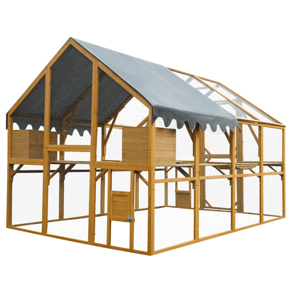 ZephyPaws Large Catio Outdoor Cat Enclosures Wooden Cat House with Rest Houses,Platforms,Bridge and Waterproof UV Cover - 110" D,Orange