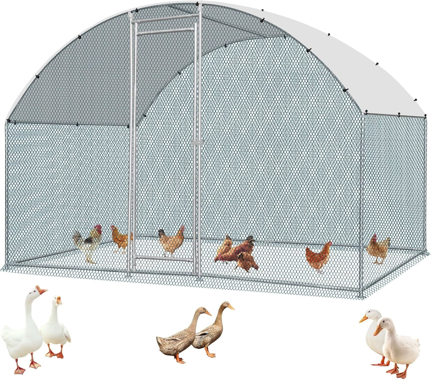 ZephyPaws Large Metal Chicken Coop Run,Walk-in Poultry Cage Heavy Duty Chicken Runs with Waterproof Cover, Ducks Rabbits Habitat Spire Shaped Outdoor Farm Use (10'Lx6.5'W x6.5'H),Silver
