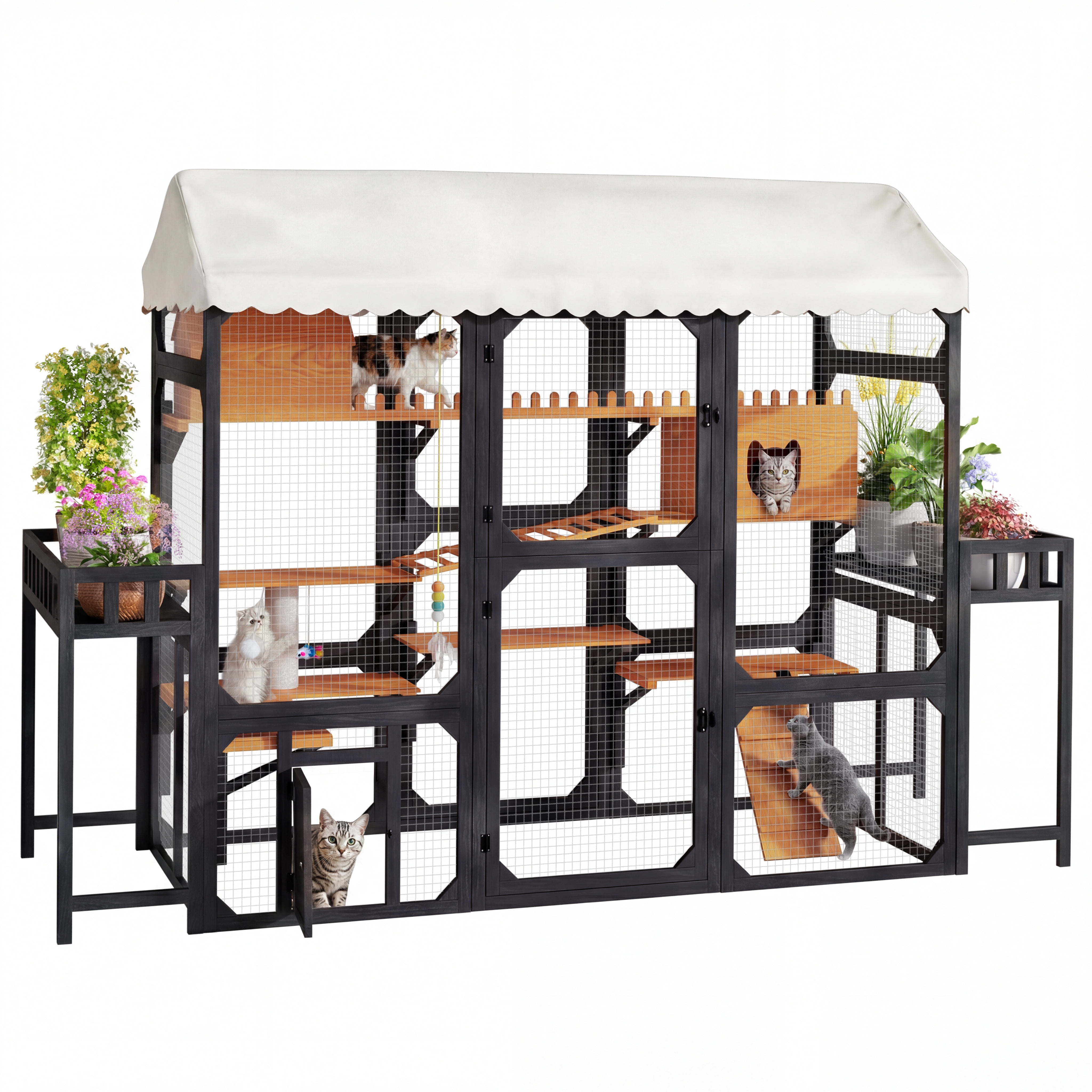 ZephyPaws Large Outdoor Cat Enclosure Wooden Catio with Multi-Level Play Platforms, Climbing Ramps,Resting Boxes,Pom-Pom Toys & 2 Plant Stands,Weather-Resistant Roof for Backyard Patio,Black