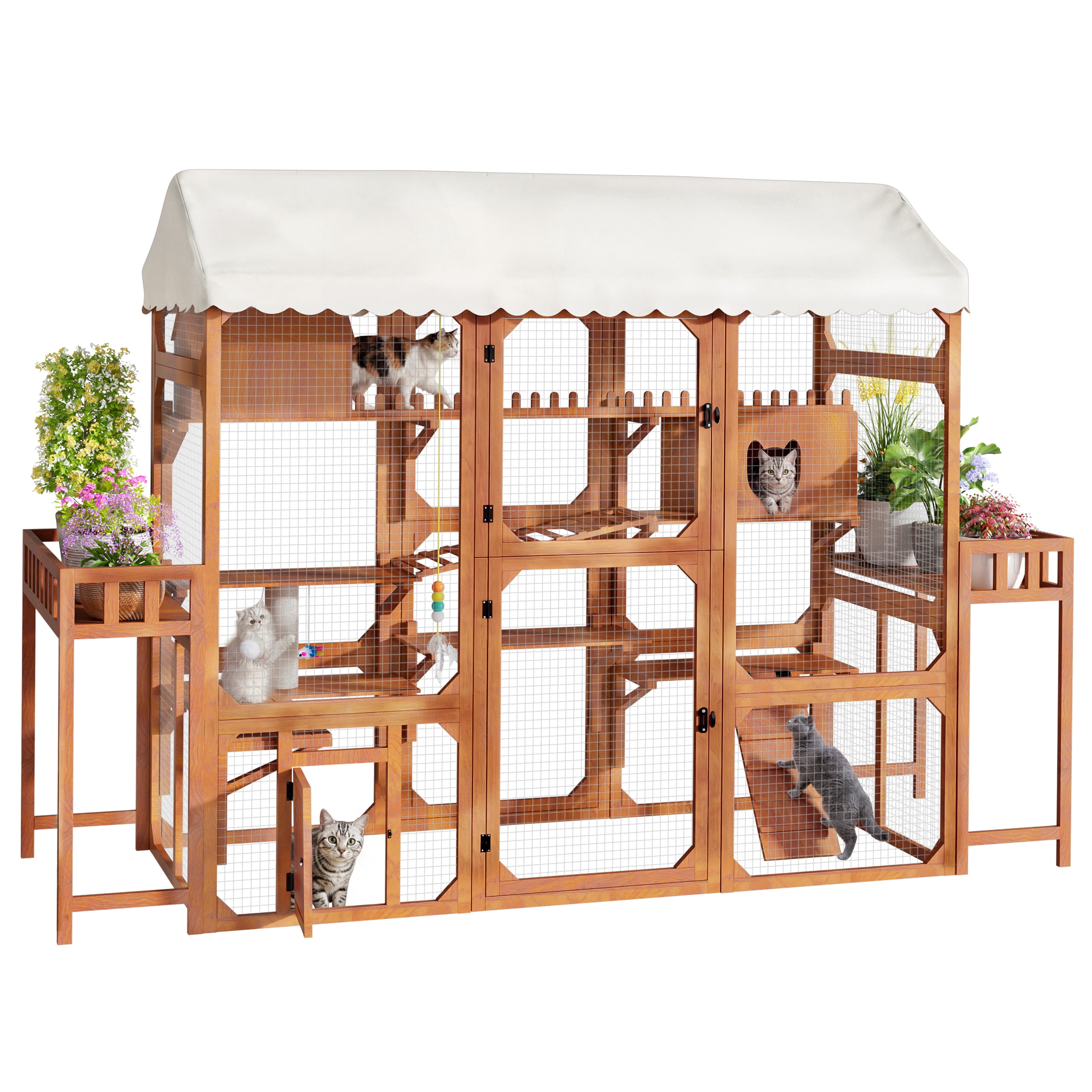ZephyPaws Large Outdoor Cat Enclosure Wooden Catio with Multi-Level Play Platforms, Climbing Ramps,Resting Boxes,Pom-Pom Toys & 2 Plant Stands,Weather-Resistant Roof for Backyard Patio,Brown