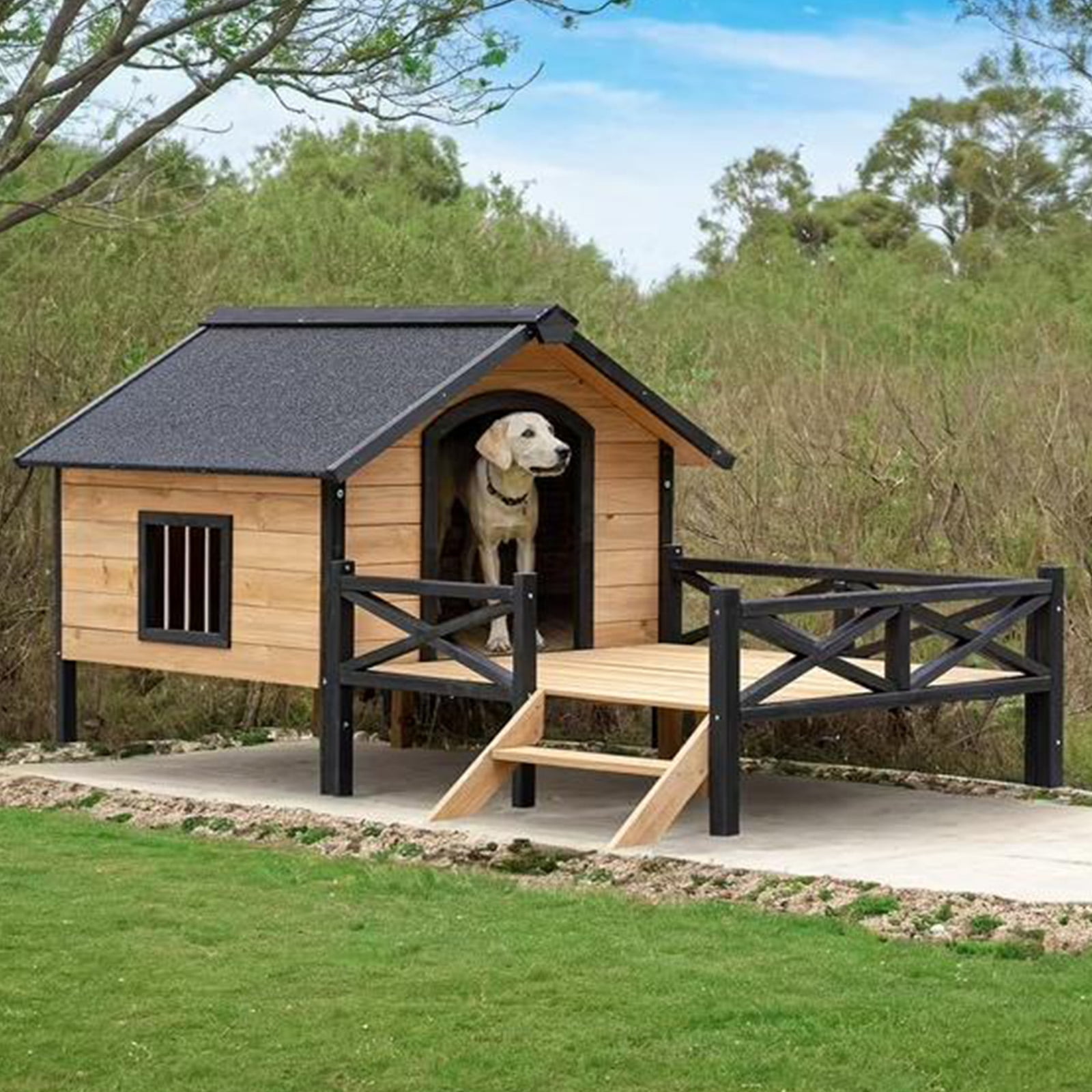 ZephyPaws Large Outdoor Dog House,67in Extreme Outback Log Cabin Dog Kennel with Elevated Floor and Porch,Weatherproof Wooden Dog Houses Pet Puppy Shelter for Small to Large Dogs,Brown Black