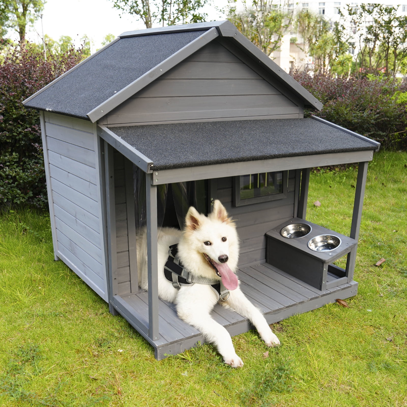 ZephyPaws Large Outdoor Wood Dog House with Spacious Terrace,Breathable Window 2 Feeding Stainless Bowls,Dog Kennel with Asphalt Roof,Dog Cage with Resting Porch for Large Dogs,Gray