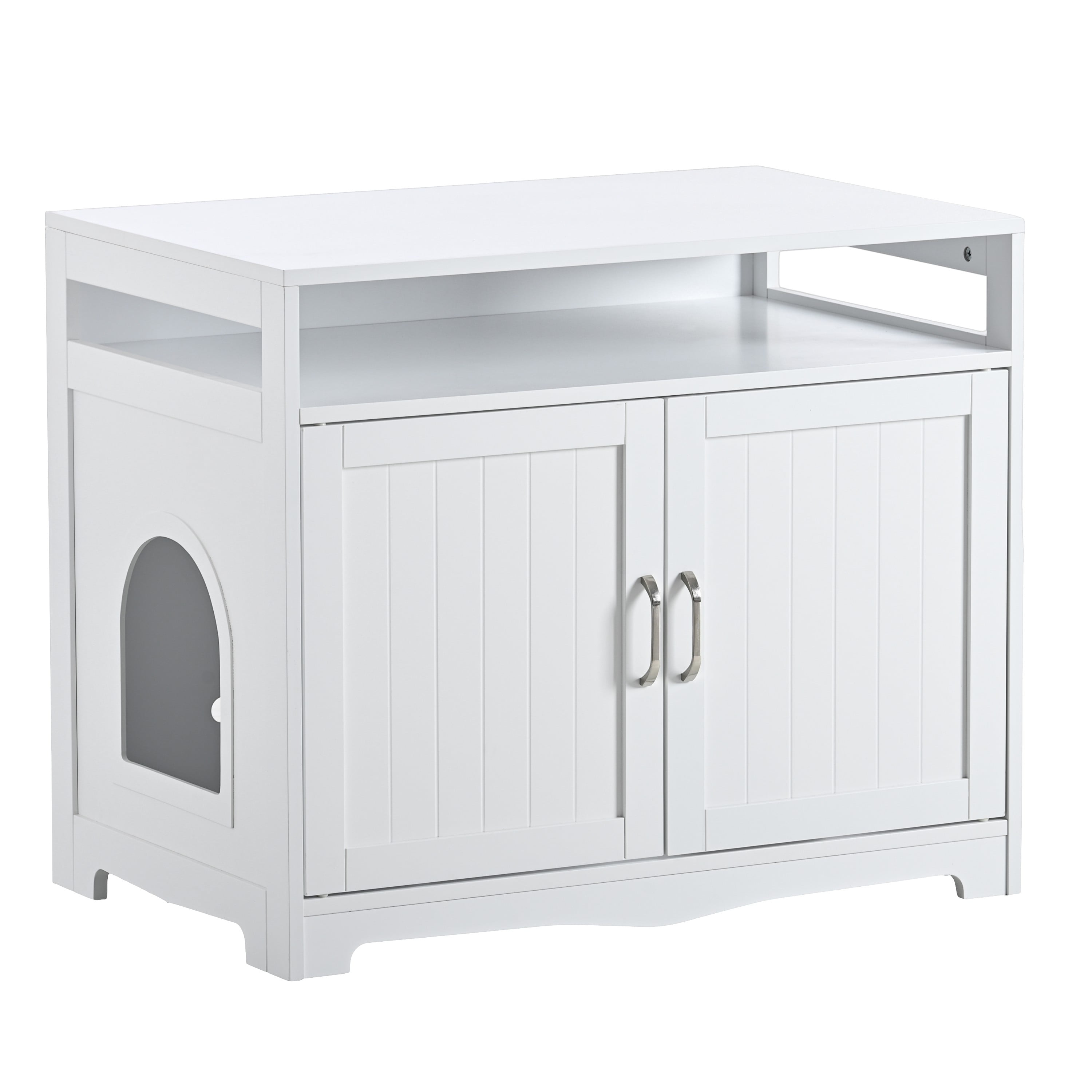 ZephyPaws Litter Box Enclosure with Hidden Plug,Cat Litter Box Furniture with 2 Doors,Indoor Cat Bathroom Storage Bench Side Table,Large Wooden Enclosed Cat House for Privacy,White
