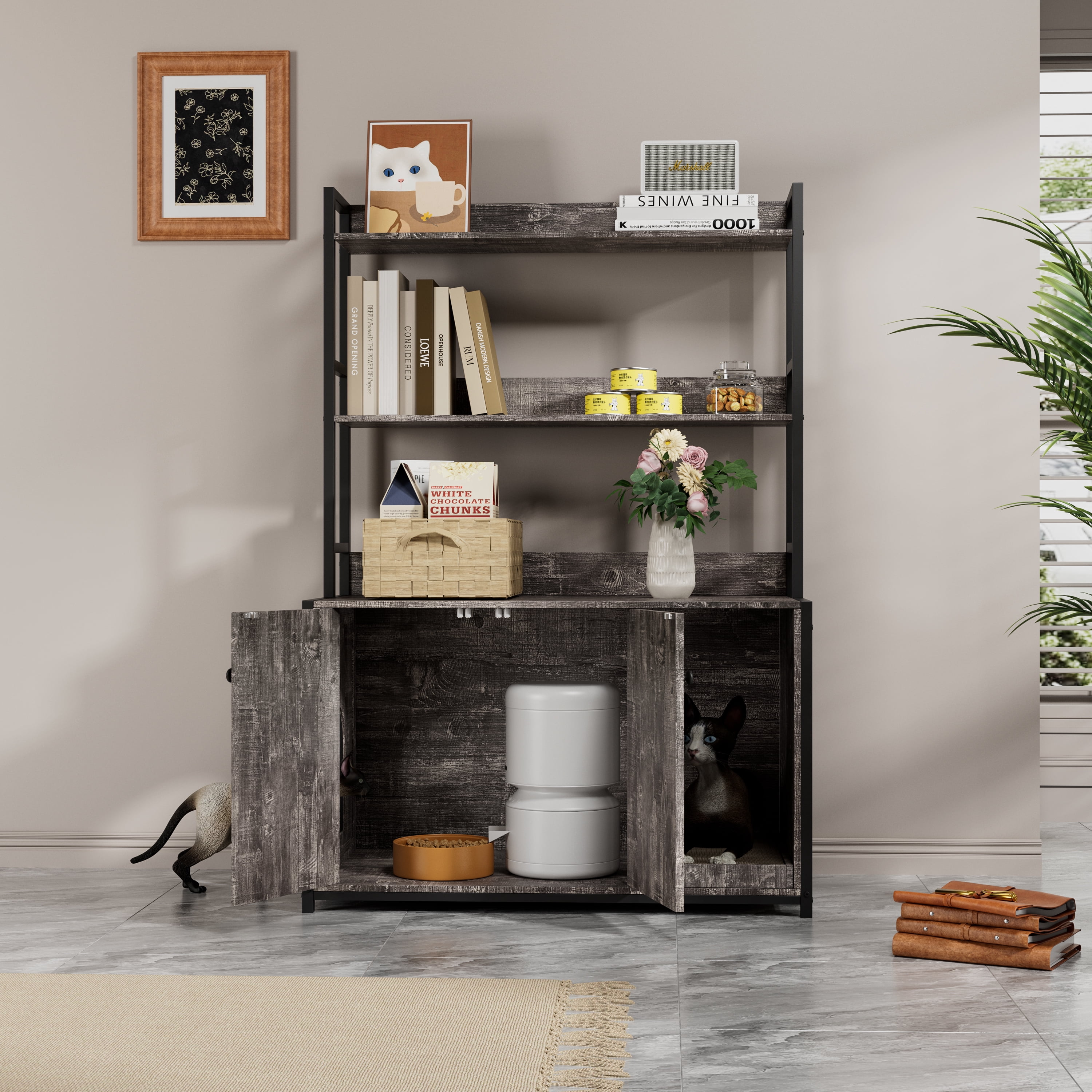ZephyPaws Litter Box Enclosure with 3 Shelves and Doors,Large Wood Cat Litter Box Furniture Hidden with Storage,Fit Most of Litter Box,Grey